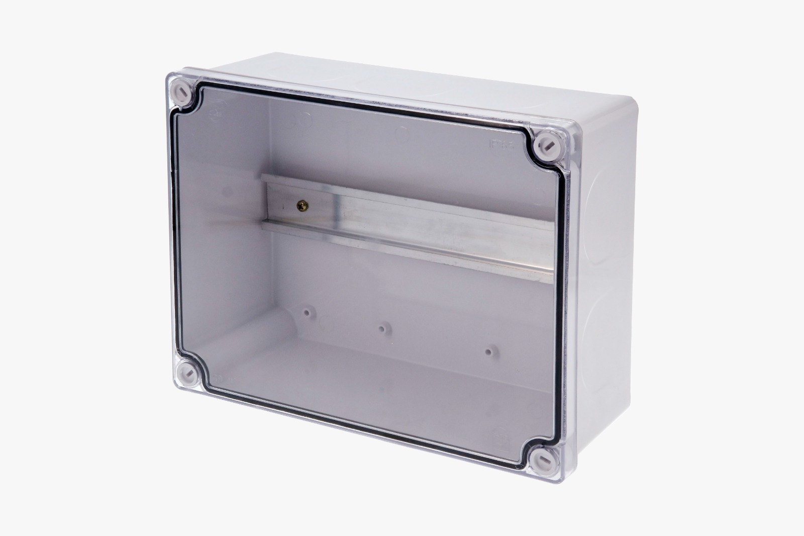 Caja de protección hermética con Riel y tapa trasnparente 14×18 cm